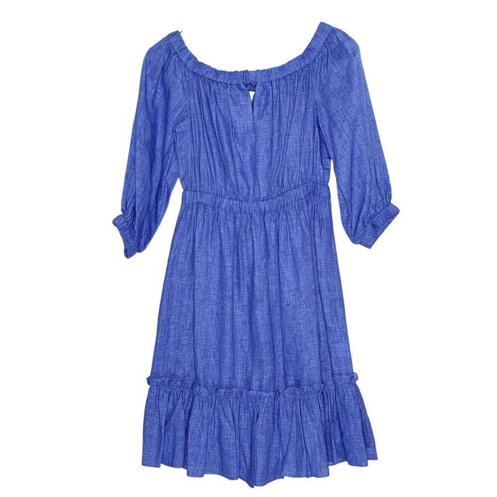 Milly Amanda Blue Off the Shoulder 100% Linen Dress S Ruffles Elastic Waist